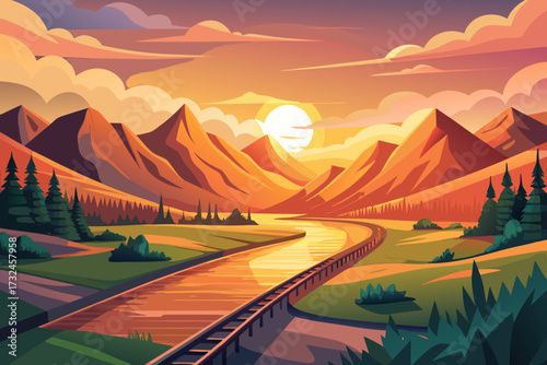 Captivating sunset paints golden hues across majestic mountains and winding river, inspiring journey and adventure