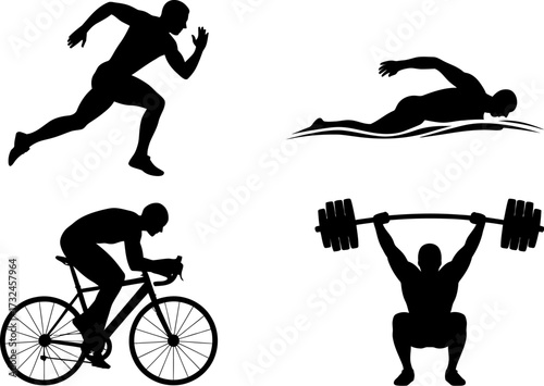 Four silhouettes depict athletic activities: running, swimming, cycling, and weightlifting.