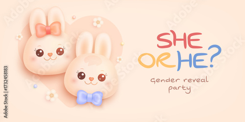 He or she. Boy or Girl. Cartoon gender reveal invitation template. Horizontal banner or greeting card with realistic cute bunny and flowers. Vector illustration