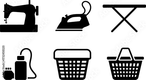 A collection of household icons including a sewing machine, iron, ironing board, laundry basket, and shopping basket.
