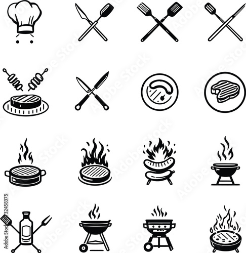 Collection of outlined barbecue and cooking icons including chef hat and grilling equipment symbols