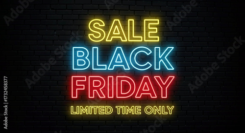 Neon Black Friday Sale Sign with Glowing Text on Dark Brick Wall Background Featuring Limited Time Offer Message
