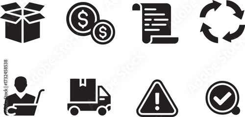 Illustration of Business Operations Icons Including Delivery Package Payment Tracking and Process Management