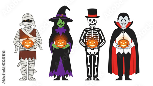 Halloween Characters with Pumpkin: A vibrant Halloween scene featuring four iconic characters – a mummy, a witch, a skeleton, and a vampire – each holding a glowing pumpkin.