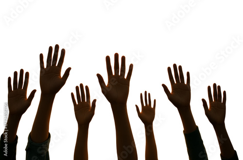 Multiple human hands raised in silhouette style, isolated on white background. Concept of unity, social issues, and volunteering. Ai generative