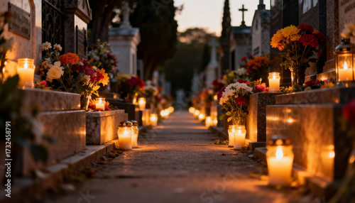 candlelit cemetery pathway with flowers during sunset creating a serene and reflective atmosphere