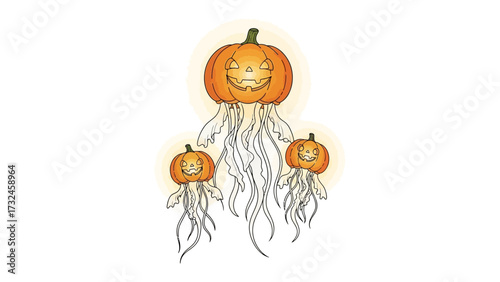 Spooky Halloween Jellyfish: A whimsical illustration of glowing, grinning pumpkin-headed jellyfish floating against the mysterious. Embrace the spirit of Halloween with these spectral sea creatures.