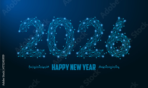 2026 New Year illustration made by points and lines, polygonal wireframe mesh on dark blue background. Low poly greeting card. Vector.