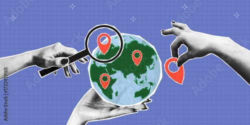 Collage banner with halftone hands holding Earth globe, magnifying glass and map location pointer. Concept of travel and search locations for vacation. Collage style with halftone. Vector.
