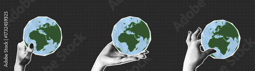 Collage halftone hands holding Earth globe. People give paper halftone World globe in hand. Collage design. Vector.