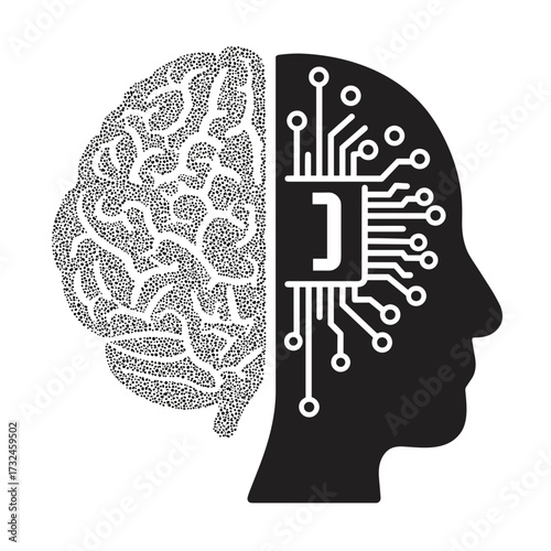 AI chip embedded in a human brain icon in dot-style for technology concept