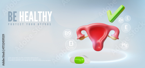 3D banner with uterus, green check mark, vitamins and pills, blue background.