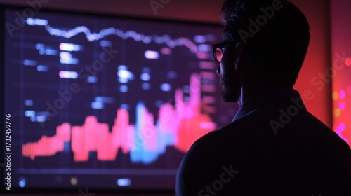 Man analyzes stock market data on glowing screen in dim, futuristic office