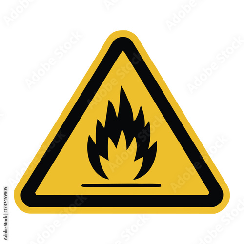 Flammable material warning sign — yellow and black triangular safety icon with flame symbol for fire hazard, danger, lab, or industrial use 