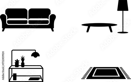 A minimalist collection of living room furniture icons for interior design.