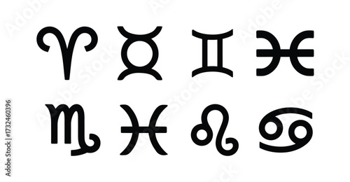 Set of eight zodiac sign icons — black and white vector symbols for astrology, horoscope, celestial identity, mysticism, and personality traits 