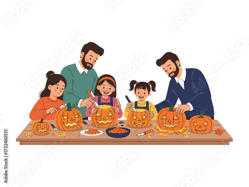Harvest Season: A vibrant family carving jack-o'-lanterns. Capturing the essence of autumn with a family creating festive Halloween decorations, working together.
