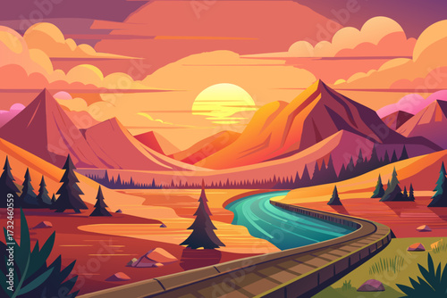Vibrant sunset paints majestic mountains and winding river with warm hues, evoking tranquility and adventure in a stunning natural landscape.