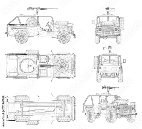 Detailed blueprint of a military jeep featuring a mounted gun, presented as a clean wireframe diagram on a white background.