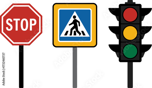 Traffic signals and pedestrian crossing sign for road safety regulation