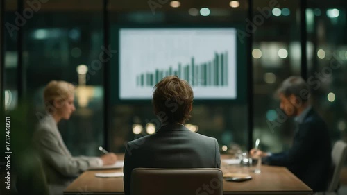 team of financial advisors brainstorming under large screen with rising charts and green arrows future planning faint murmurs marker squeaks on glass three quarter wide angle cine