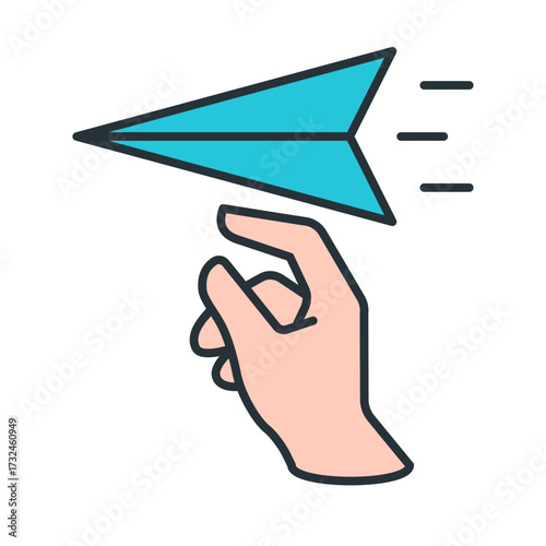 Hand throwing paper airplane icon, creative play, flat color style