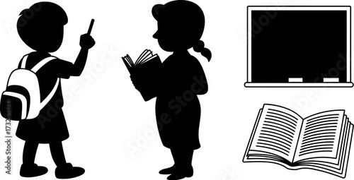 Children learning at school with a blackboard and books