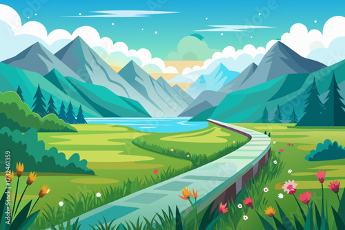 Serene mountain vista unfolds along a winding path through lush meadows with vibrant wildflowers and a tranquil lake reflecting the clear blue sky.