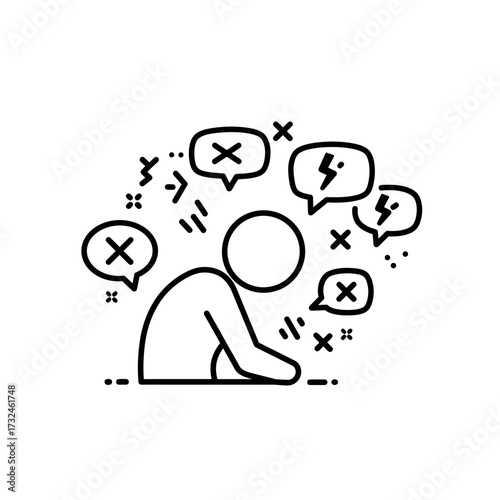 Illustration Vector of Sad Person with Anxiety and Speech Bubbles in Black and White Minimalist Style