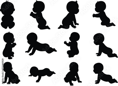 Silhouette of babies crawling and sitting, infant vector illustration, newborn child poses, toddler growth stages design for parenting and childcare graphics