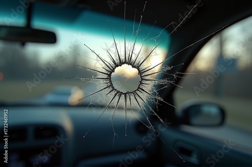 Cracks radiate from a bullet hole in car glass, revealing the warm glow of sunlight beyond. The scene suggests stillness, with the road ahead empty and the atmosphere tense