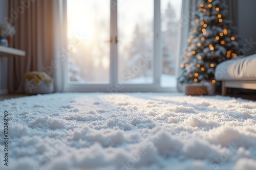 Soft snow covers the floor, while a warmly lit Christmas tree stands by large windows. The golden sunlight filters through, creating a serene winter atmosphere