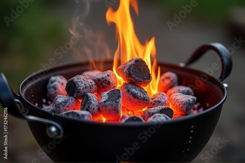 Bright flames dance above glowing coals in a cozy fire pit, inviting everyone to gather around for a delicious barbecue feast. The warmth radiates into the evening air