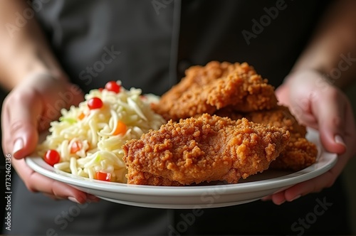 Juicy, golden-brown fried chicken is presented on a plate, accompanied by a colorful side of crisp coleslaw, perfect for enjoying on a sunny lunchtime