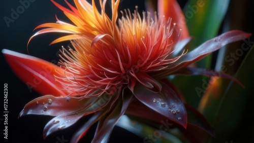 Vibrant Floral Macro: Detailed Close-Up of Exotic Flower with Dewdrops, Dark Background.