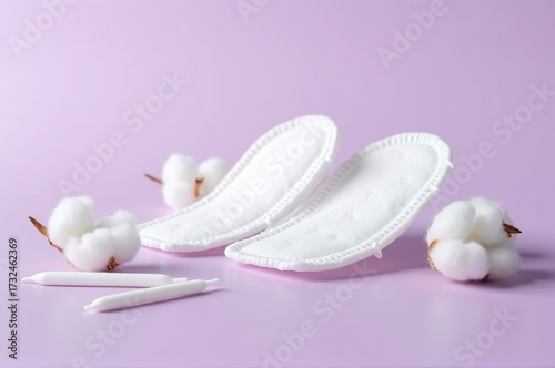 Soft pads and tampons are arranged on a pastel pink background, symbolizing the importance of feminine hygiene. Cotton balls nearby highlight comfort and care essentials for women's health