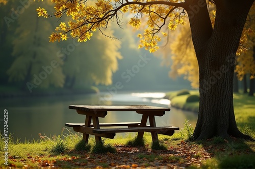 Bright yellow leaves cover a peaceful park scene at twilight. A rustic picnic table sits under a tree, inviting moments of relaxation by the calm water