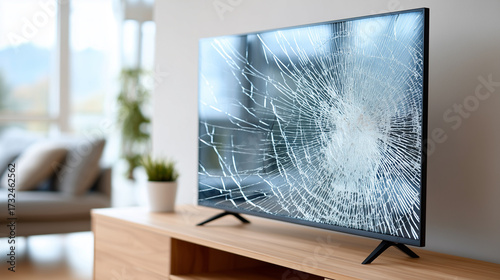 Modern television with cracked screen and shattered glass pattern on a wooden TV stand in a cozy living room.