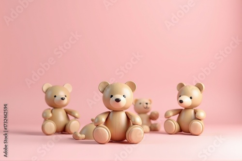 A delightful group of wooden bears sits together on a soft pink backdrop, radiating warmth and playfulness. Their simple designs evoke a sense of nostalgia and comfort