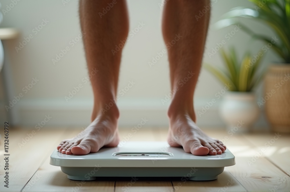 Fototapeta premium In the soft morning light, a person stands on a bathroom scale, contemplating their health and goals. The serene space boosts motivation and self-awareness