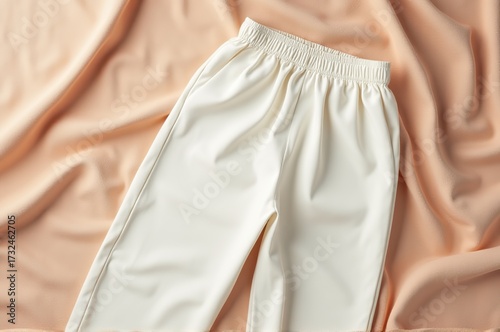 Relaxed jogger pants in a soft cream color gently spread across a light pink fabric. The smooth textures create a cozy and inviting feel, ideal for everyday lounging or casual outings