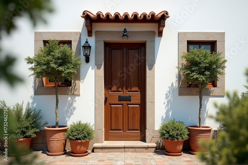 The cozy entrance features a rich wooden door framed by beautiful windows and lush potted plants on either side. A sunny day highlights the inviting atmosphere and warm colors