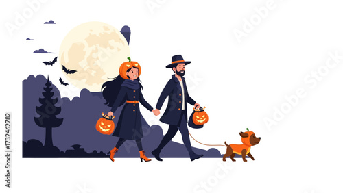 Halloween Stroll Under the Moon: A couple dressed for Halloween, adorned in festive costumes and lanterns, takes a walk with a dog under the moonlight, conjuring a whimsical spirit of the holiday. 