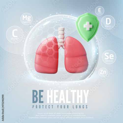 Be healthy protect your lungs 3D realistic vector poster, lungs in dome and shield with cross, medical treatment vitamin