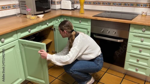 Teen girl retrieving a pot from the kitchen cabinet to start preparing pasta