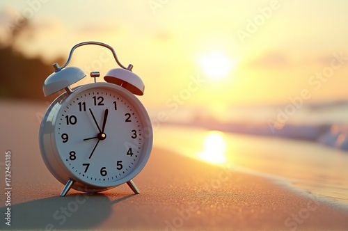 A classic alarm clock sits on warm sand as the sun rises over the ocean horizon. Waves gently lap at the shore, painting a tranquil morning scene filled with promise