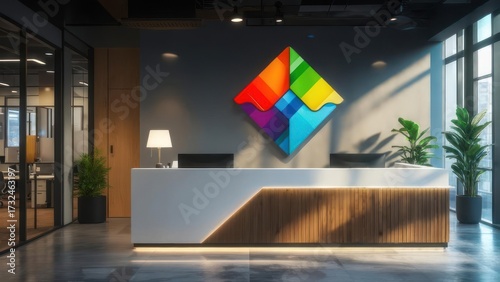 Vibrant Geometric Logo Illuminates a Modern, Sunlit Corporate Reception Area