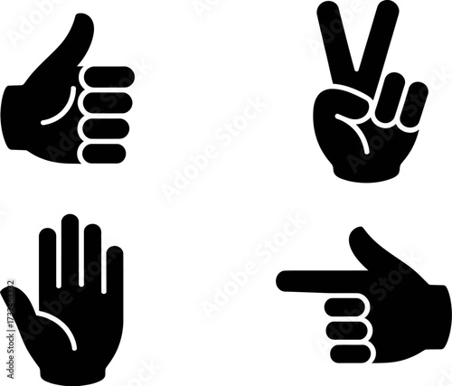 Four black hand gestures are displayed on a white background.