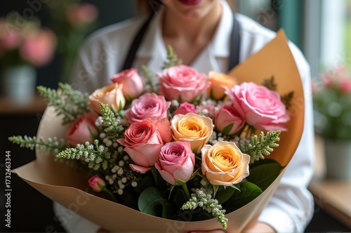 A talented florist presents a stunning bouquet filled with vibrant roses in shades of pink and peach. The warm atmosphere of the flower shop adds charm to the moment