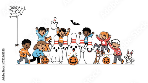 Halloween Bowling Fun: A lively Halloween scene featuring children joyfully interacting with bowling pins adorned as friendly ghosts and pumpkins, against a festive background.